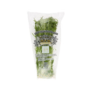 Organic mizuna leaf pack in clear bag with green leaves and pale stems