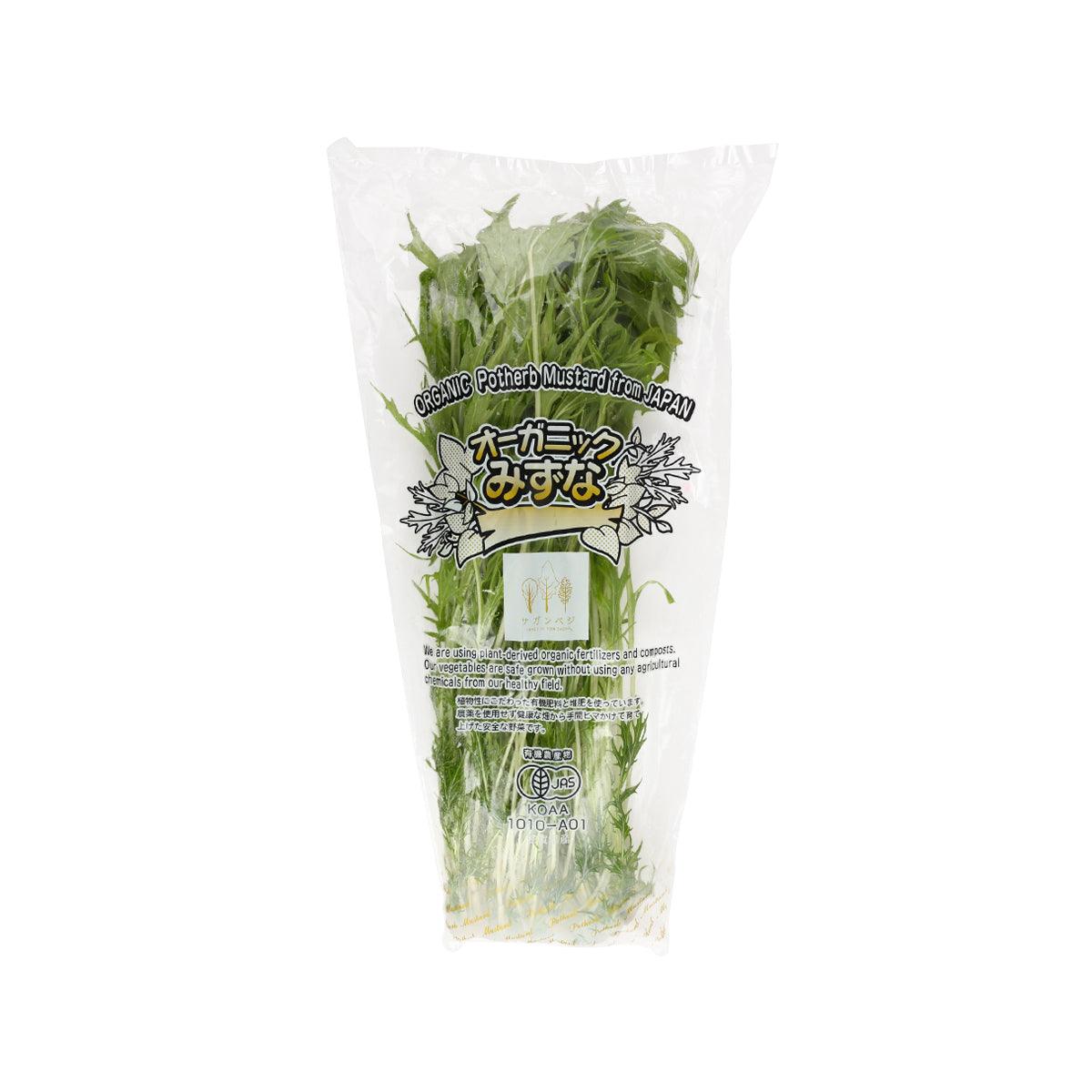 Organic mizuna leaf pack in clear bag with green leaves and pale stems