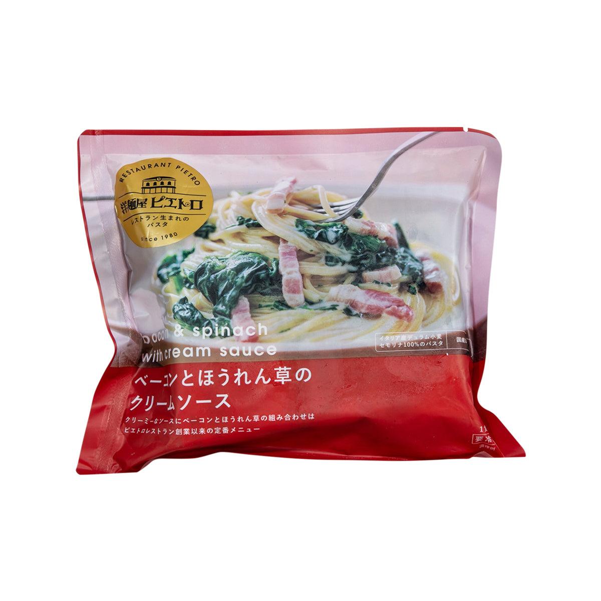 PIETRO bacon and spinach cream sauce pasta pouch, sealed red-and-clear package