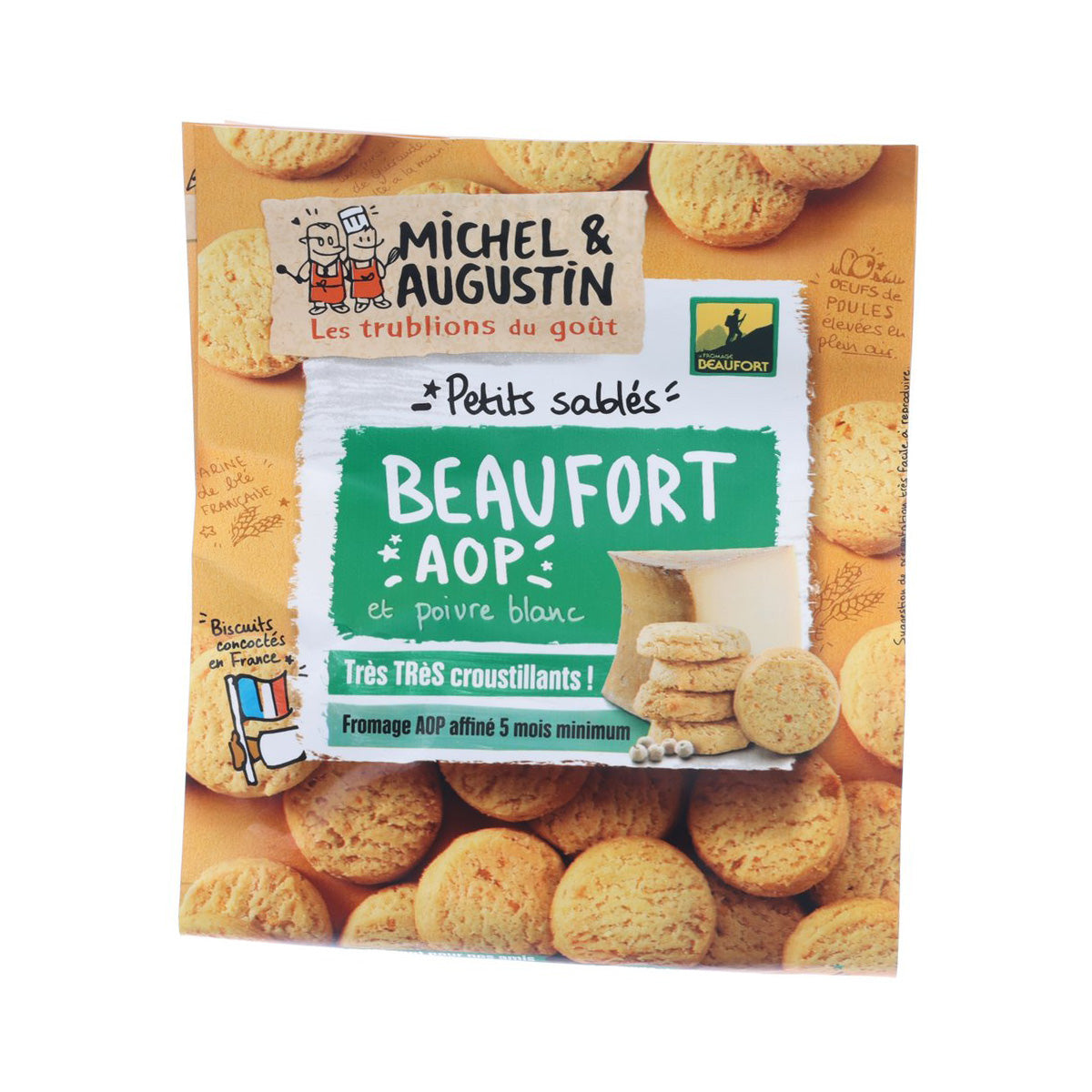 Beaufort AOP butter biscuit pouch with white pepper; round biscuits on pack