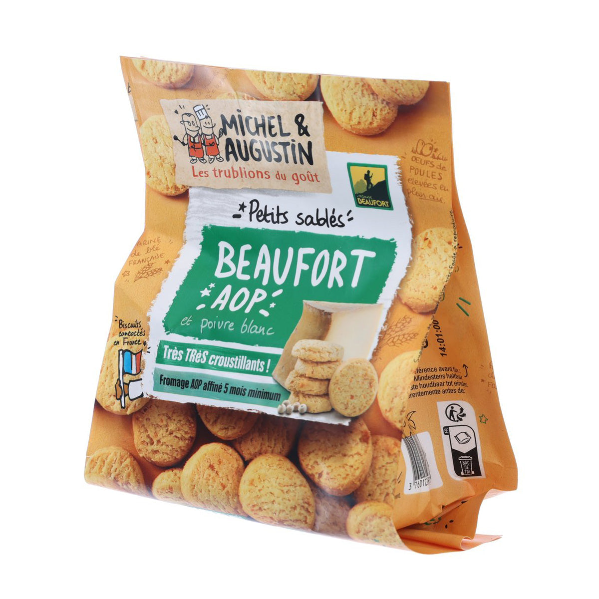 Beaufort AOP butter biscuit pouch; white pepper biscuits pictured, side view