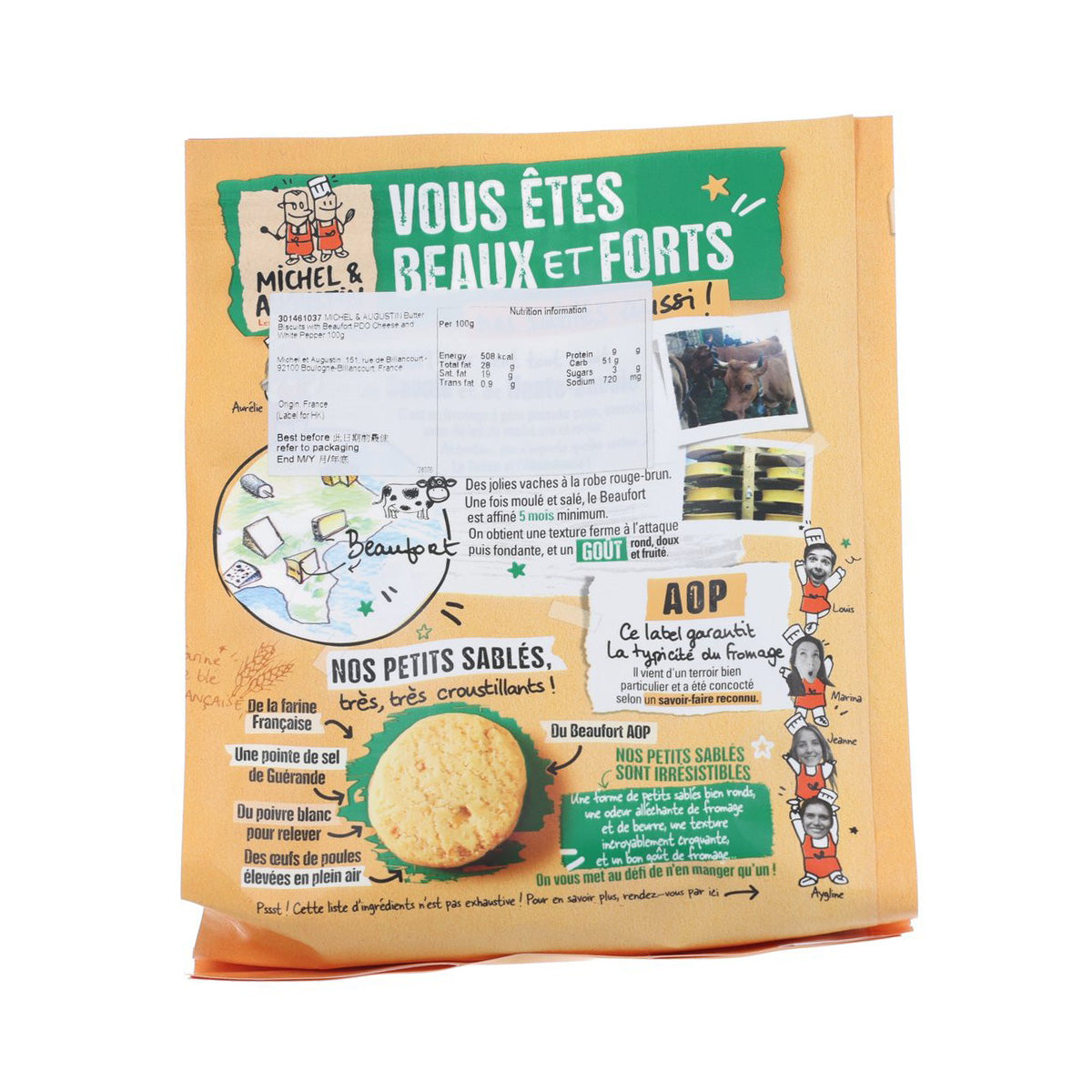 Michel & Augustin biscuit pouch back panel with info text and nutrition table