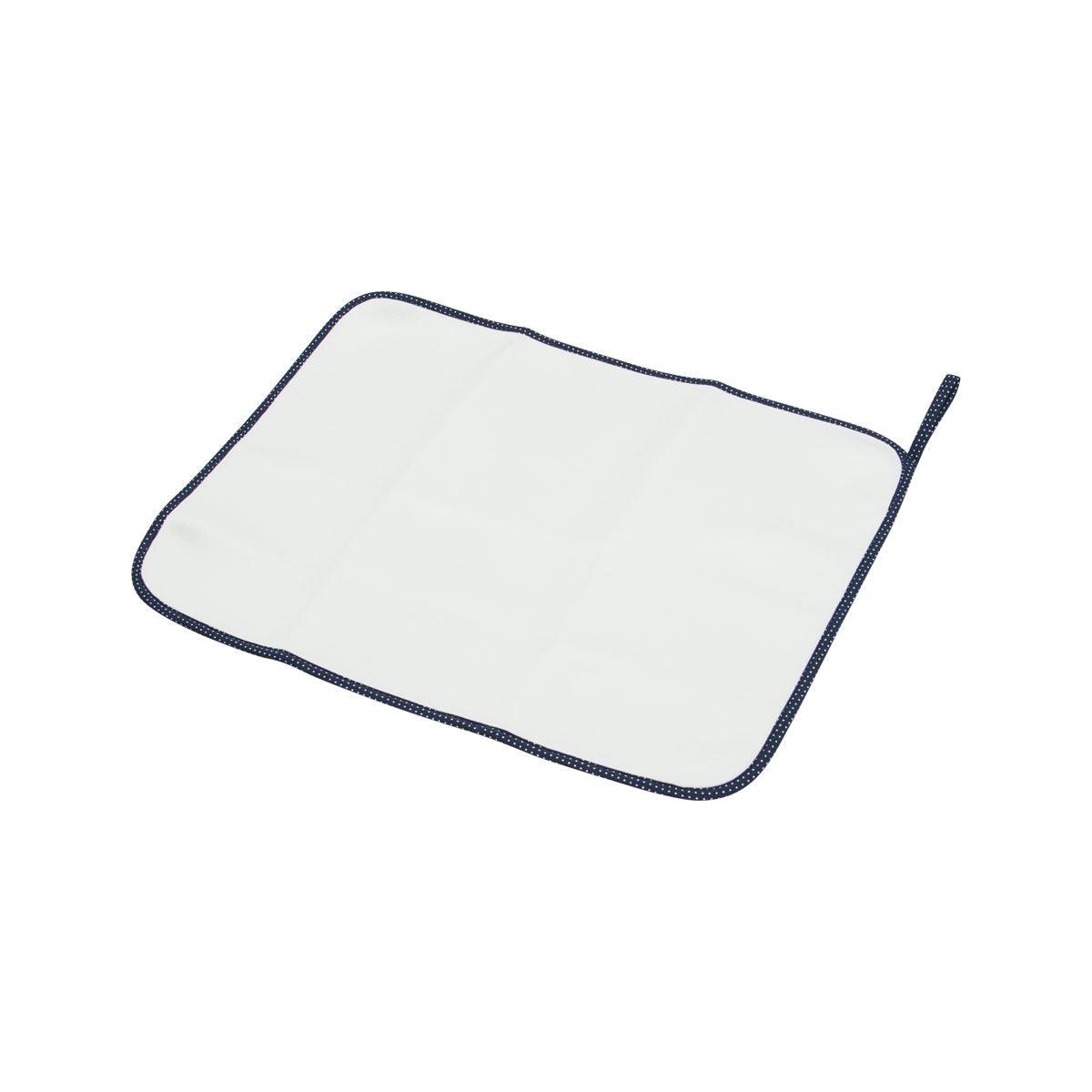 Kitchen mat, rectangular with dark blue trim and cross-stitch, includes hanging loop