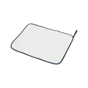 Kitchen mat, rectangular with dark blue trim and cross-stitch, includes hanging loop
