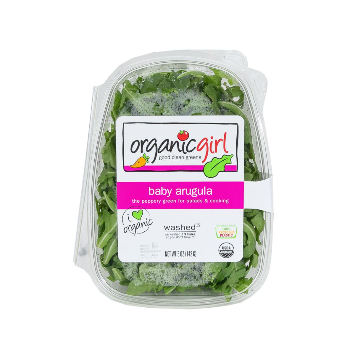 OrganicGirl baby arugula in clear plastic clamshell with front label