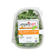 Organic baby spinach and arugula greens in clear plastic clamshell container