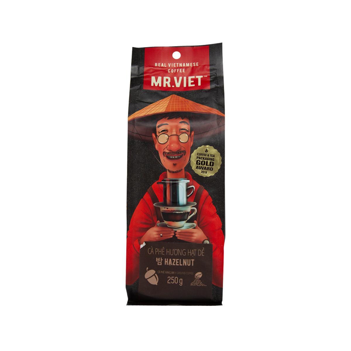 MRVIET hazelnut flavored ground coffee pouch, 250g, front label