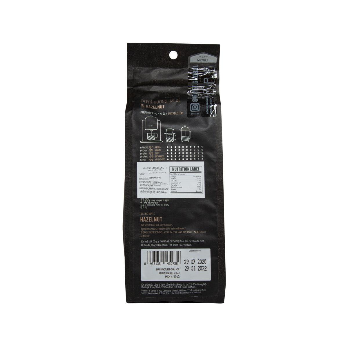 MRVIET hazelnut ground coffee pouch, 250g, back nutrition label