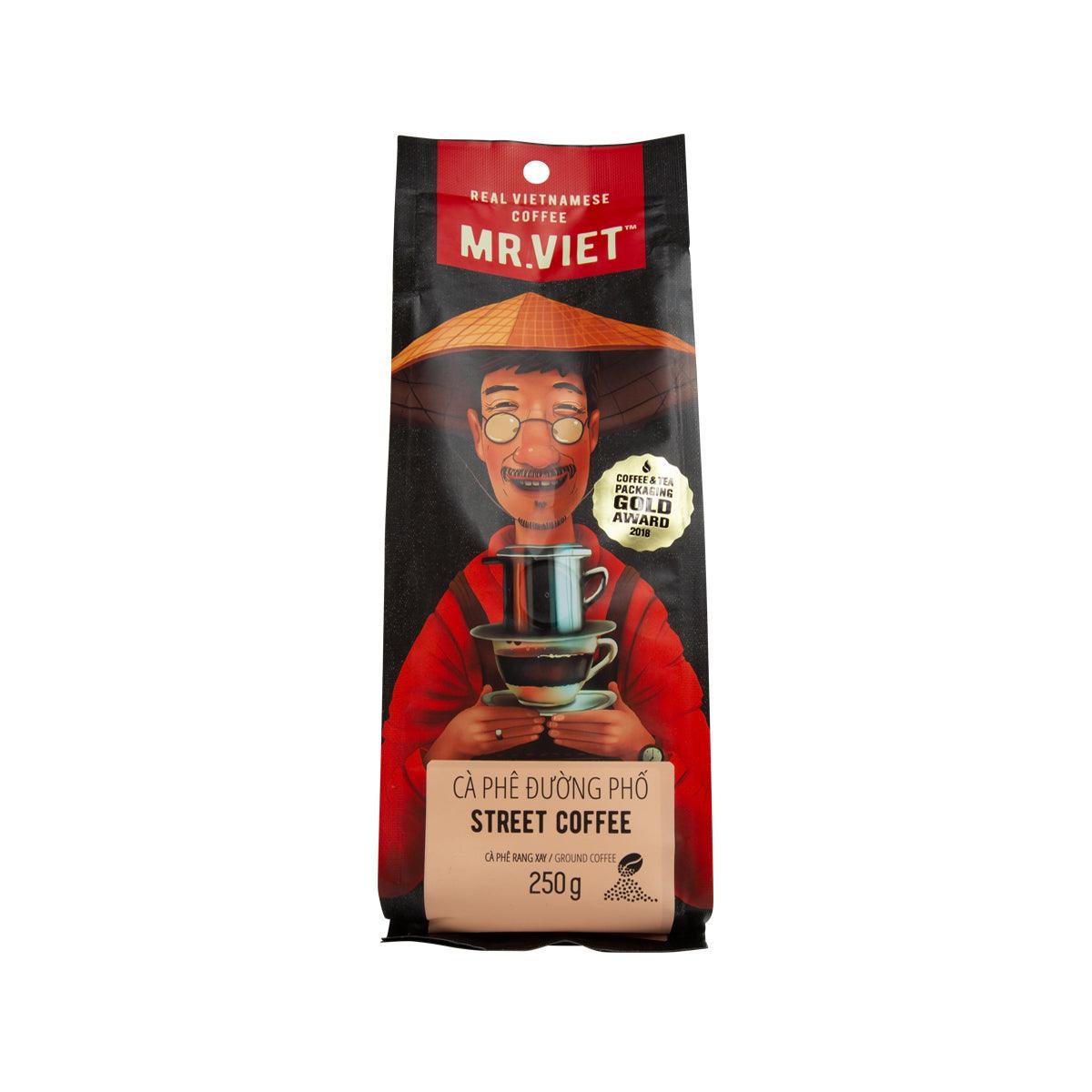 MRVIET ground coffee bag, front view, red and black Street Coffee design