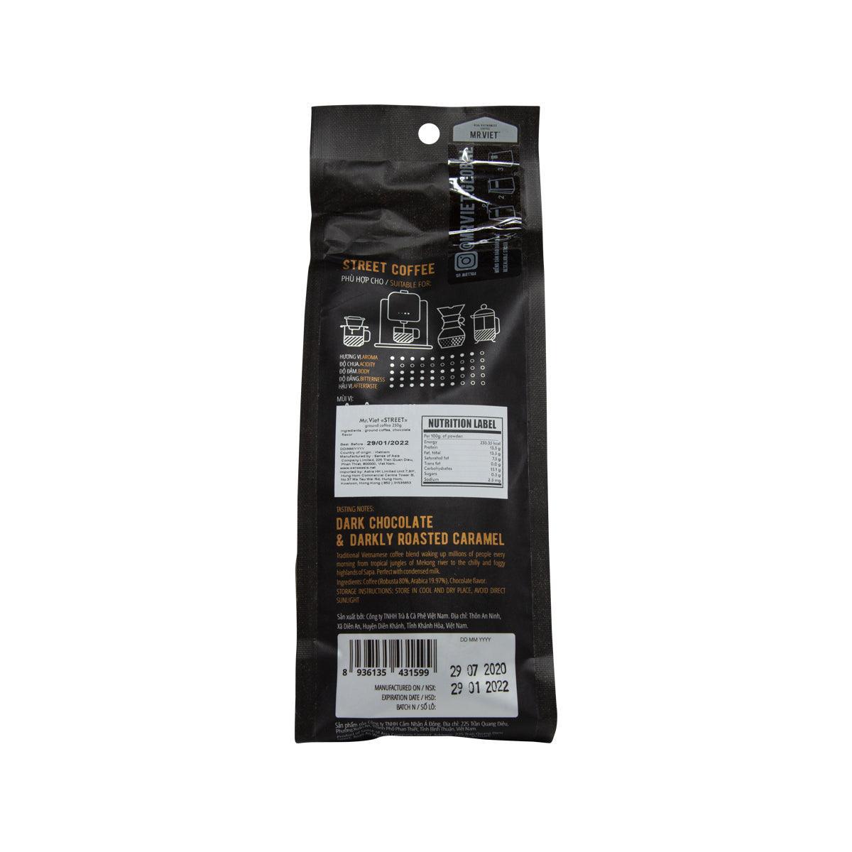 MRVIET ground coffee bag, back view, dark roast flavor and ingredient info