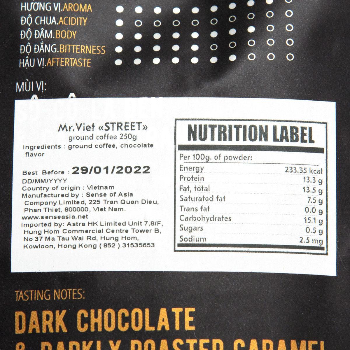 MRVIET ground coffee label close-up with nutrition facts and tasting notes