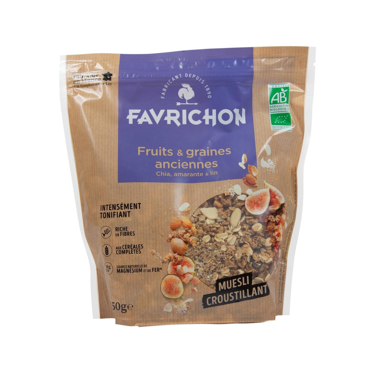 FAVRICHON muesli pouch, brown kraft bag with purple label and fruit-and-grain mix