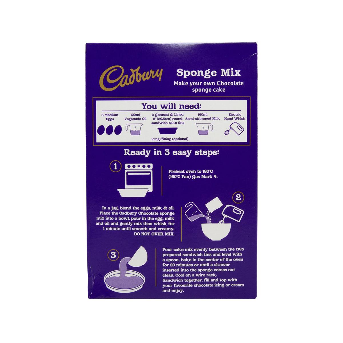 Cadbury sponge mix back panel with you will need and easy steps diagram