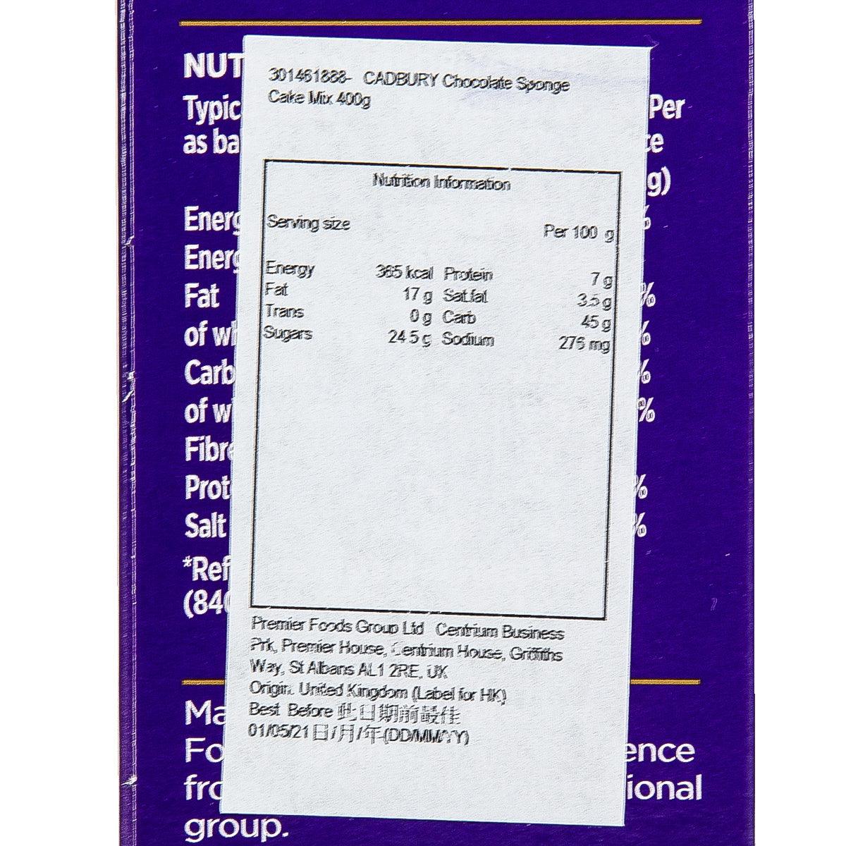 Nutrition information label on Cadbury chocolate sponge cake mix carton