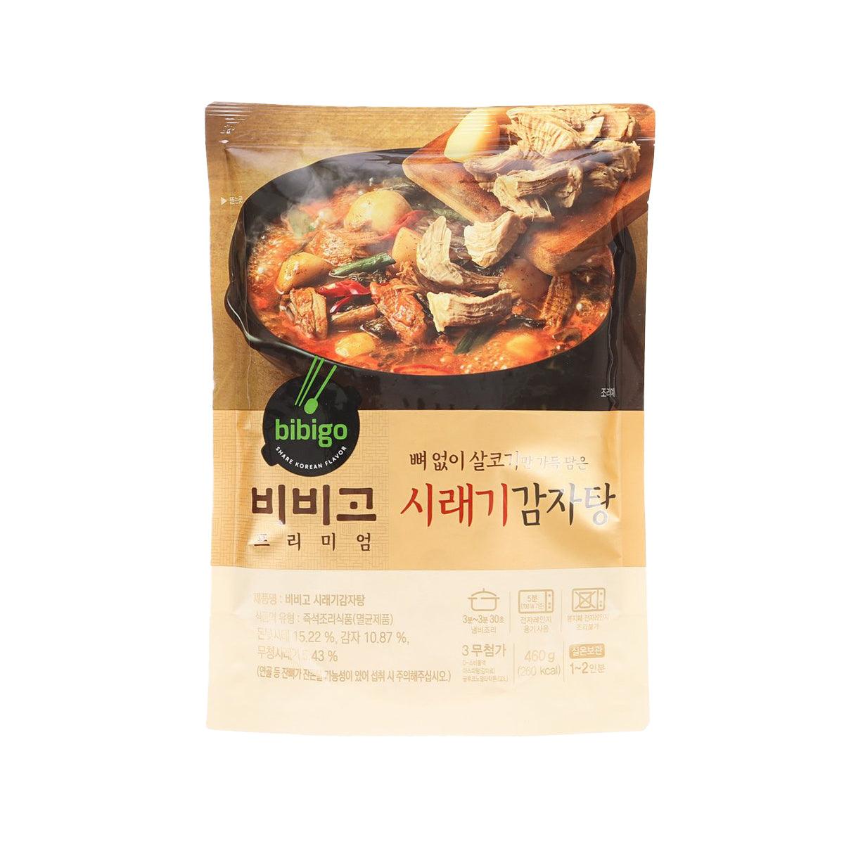 BIBIGO pork back-bone stew pouch with potato; front shows stew bowl and meat pieces