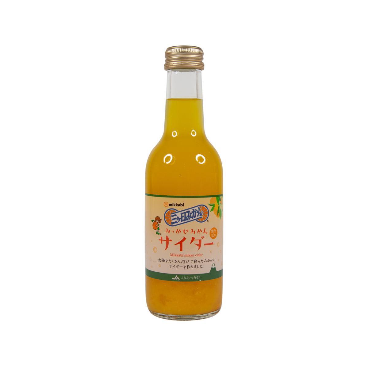 MIKKABI mikan cider bottle with amber liquid, metal cap, front label.