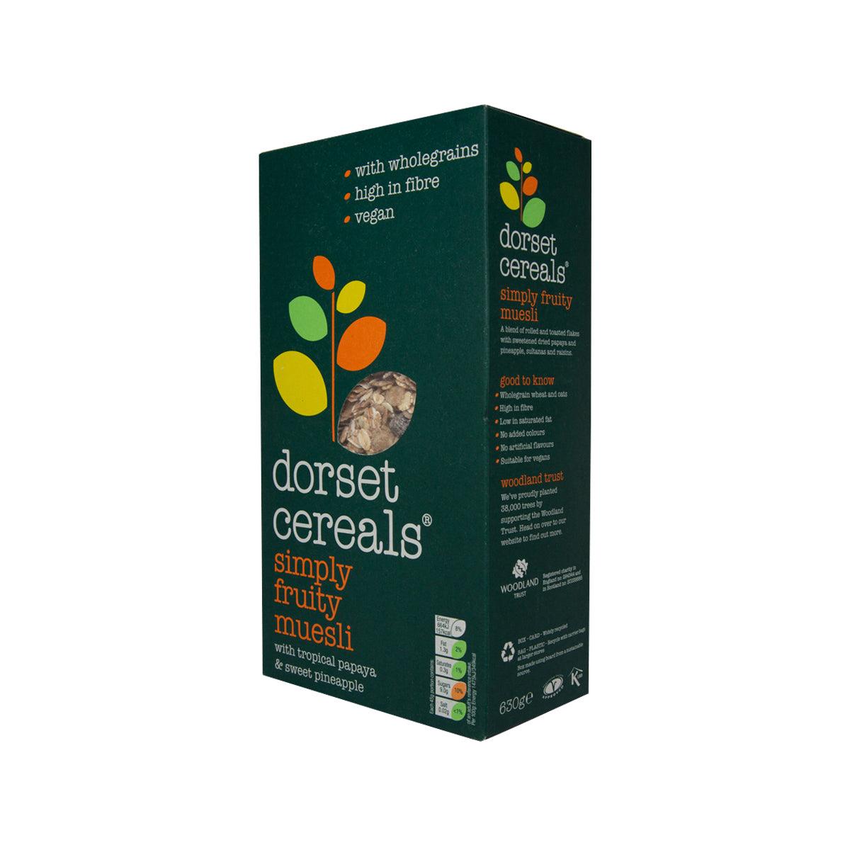 Dorset Simply Fruity Muesli cereal box side view, dark green with product text panel