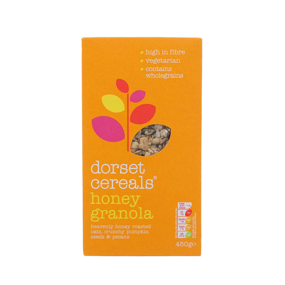 Honey granola cereal box with Dorset Cereals honey granola branding, 450g
