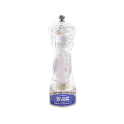 Persian sapphire blue salt grinder, clear glass bottle with metal top and blue label