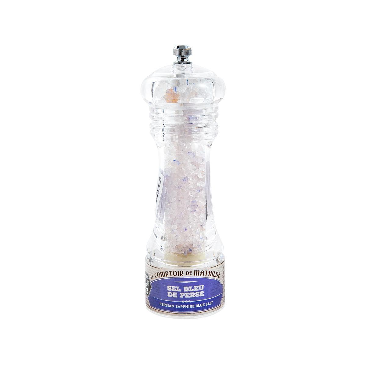 Persian sapphire blue salt grinder, clear glass bottle with metal top and blue label