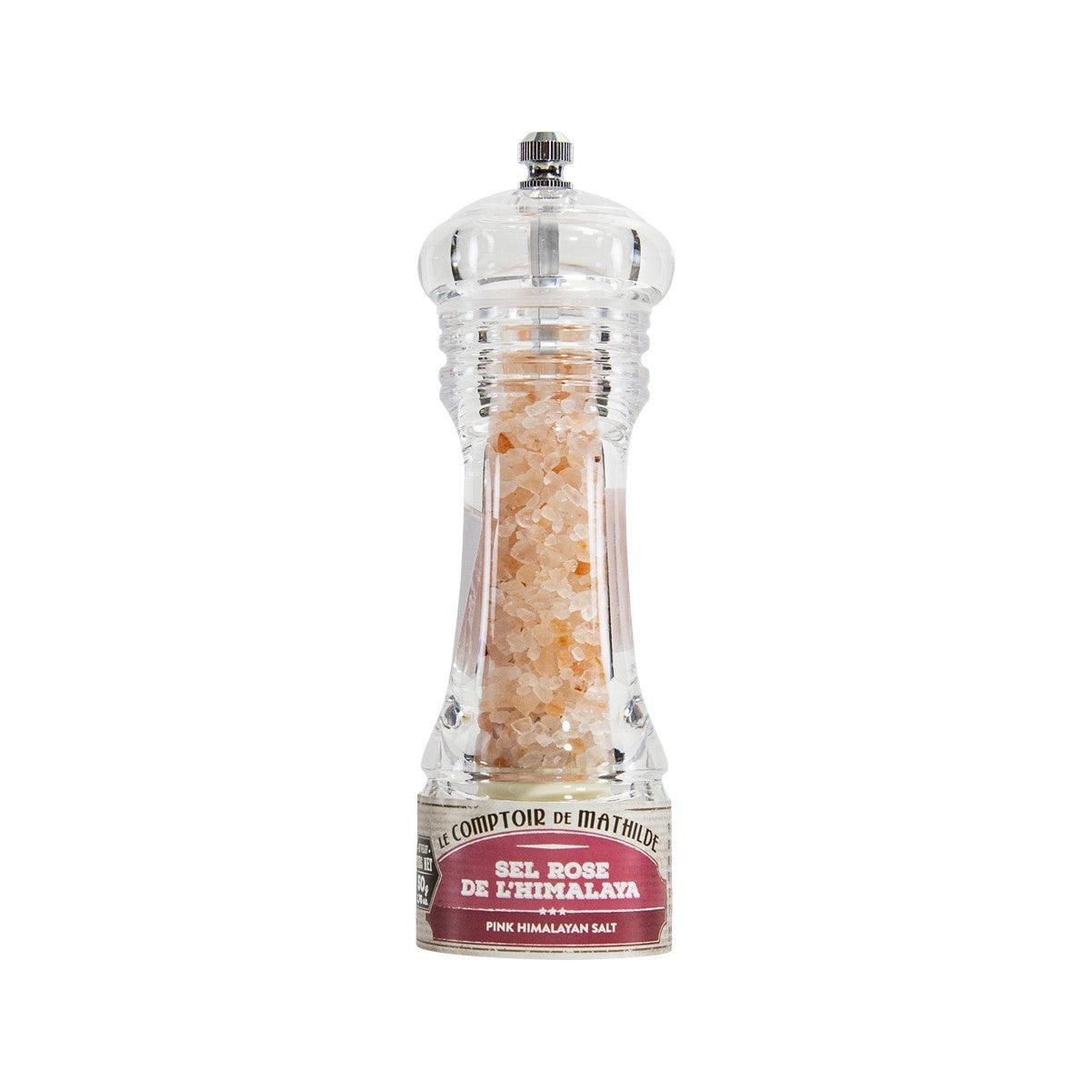 Pink Himalayan salt grinder bottle with transparent body and rose label