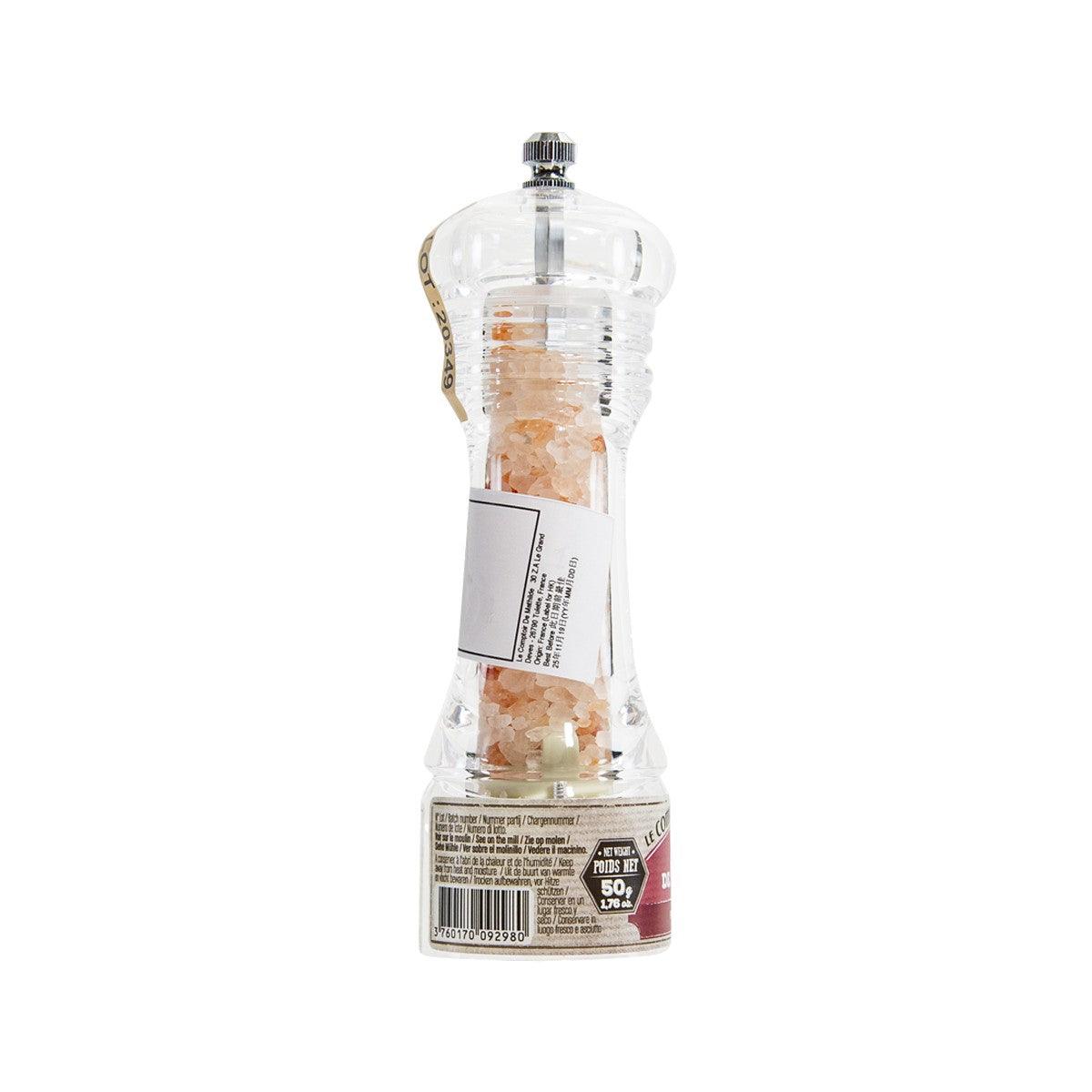 Pink Himalayan salt grinder bottle with transparent body and back label