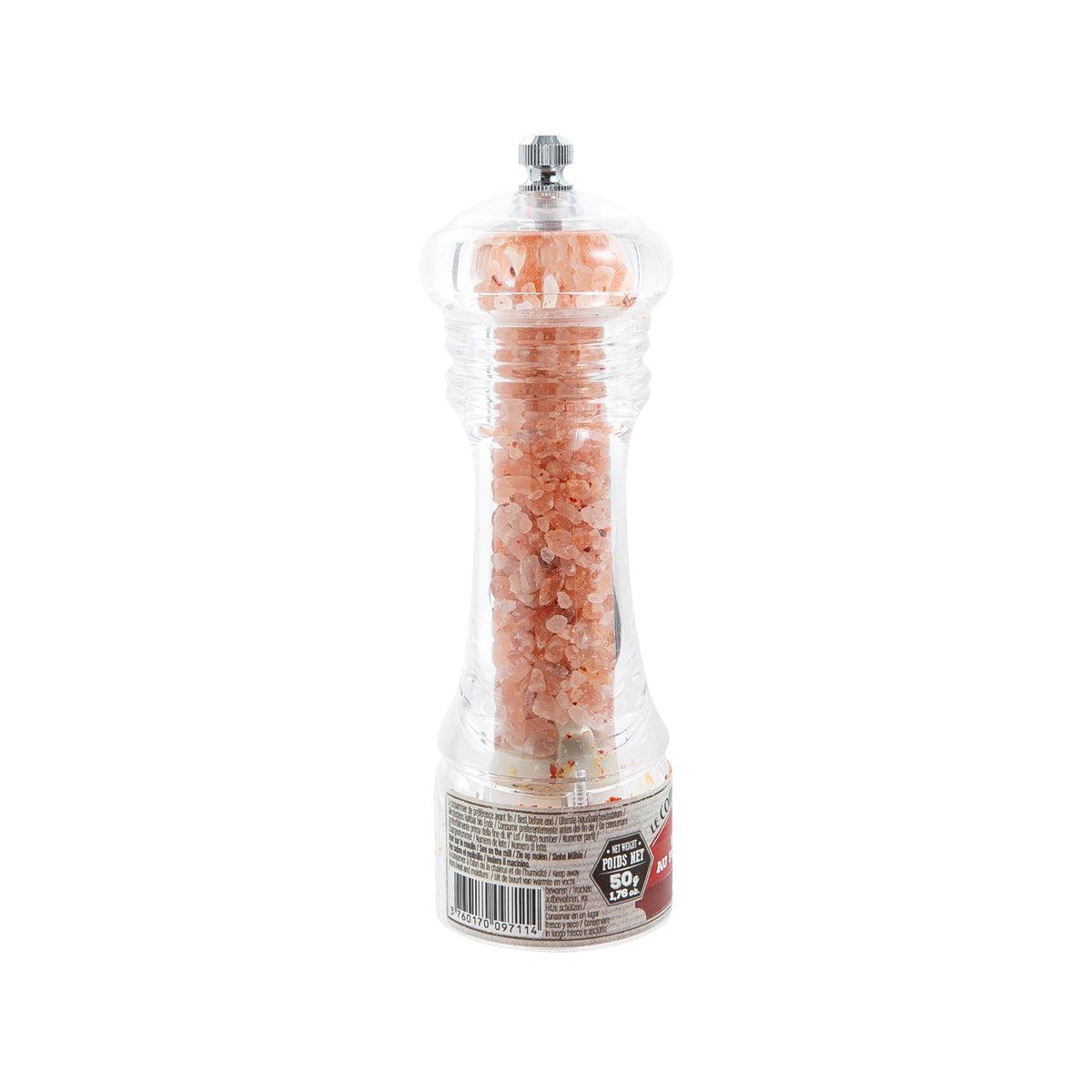 Himalayan pink salt and Espelette pepper grinder, clear plastic, dark base label