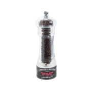 Black peppercorn grinder in clear plastic with metal top, filled with dark peppercorns