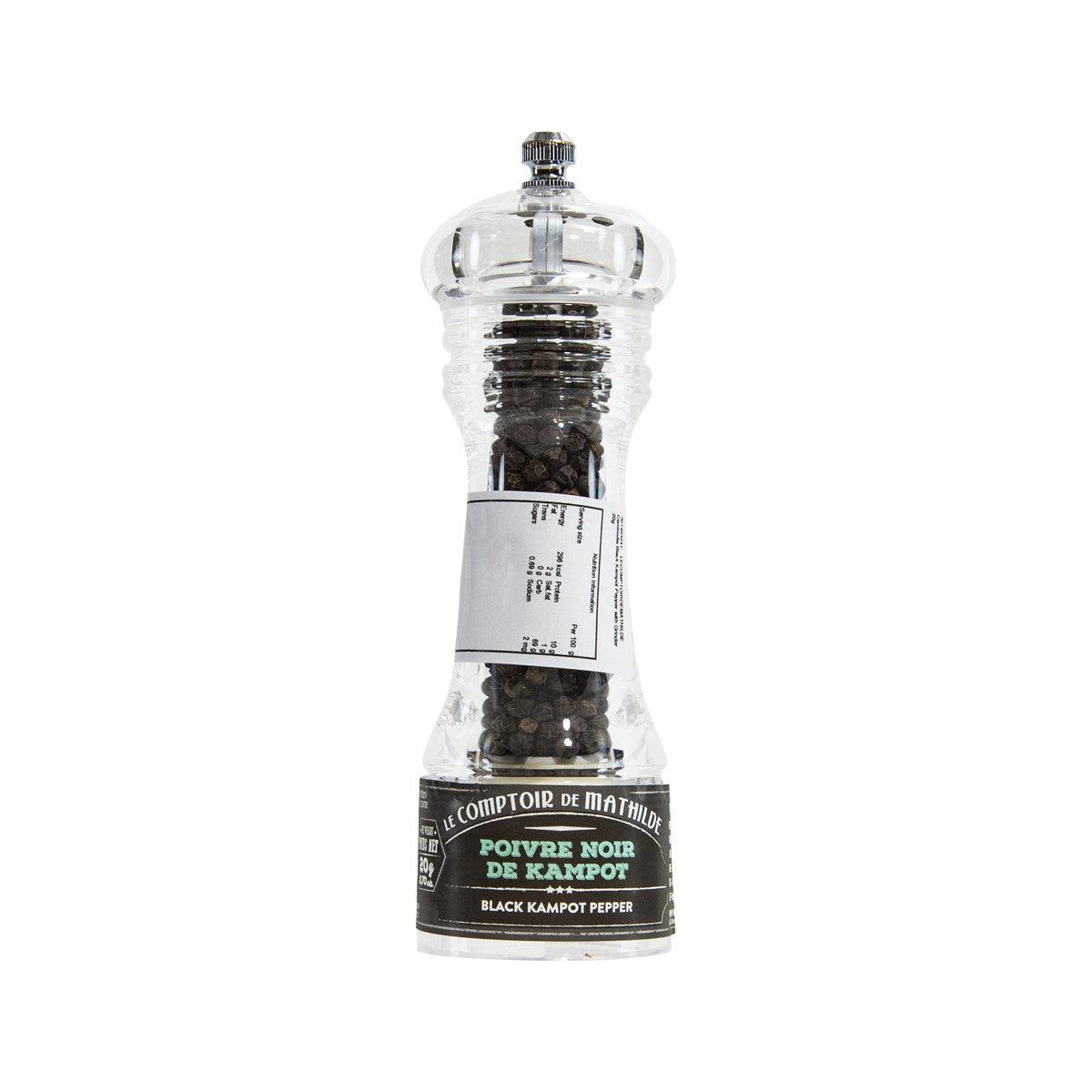 Glass pepper grinder bottle with black Kampot pepper and metal top, 20g