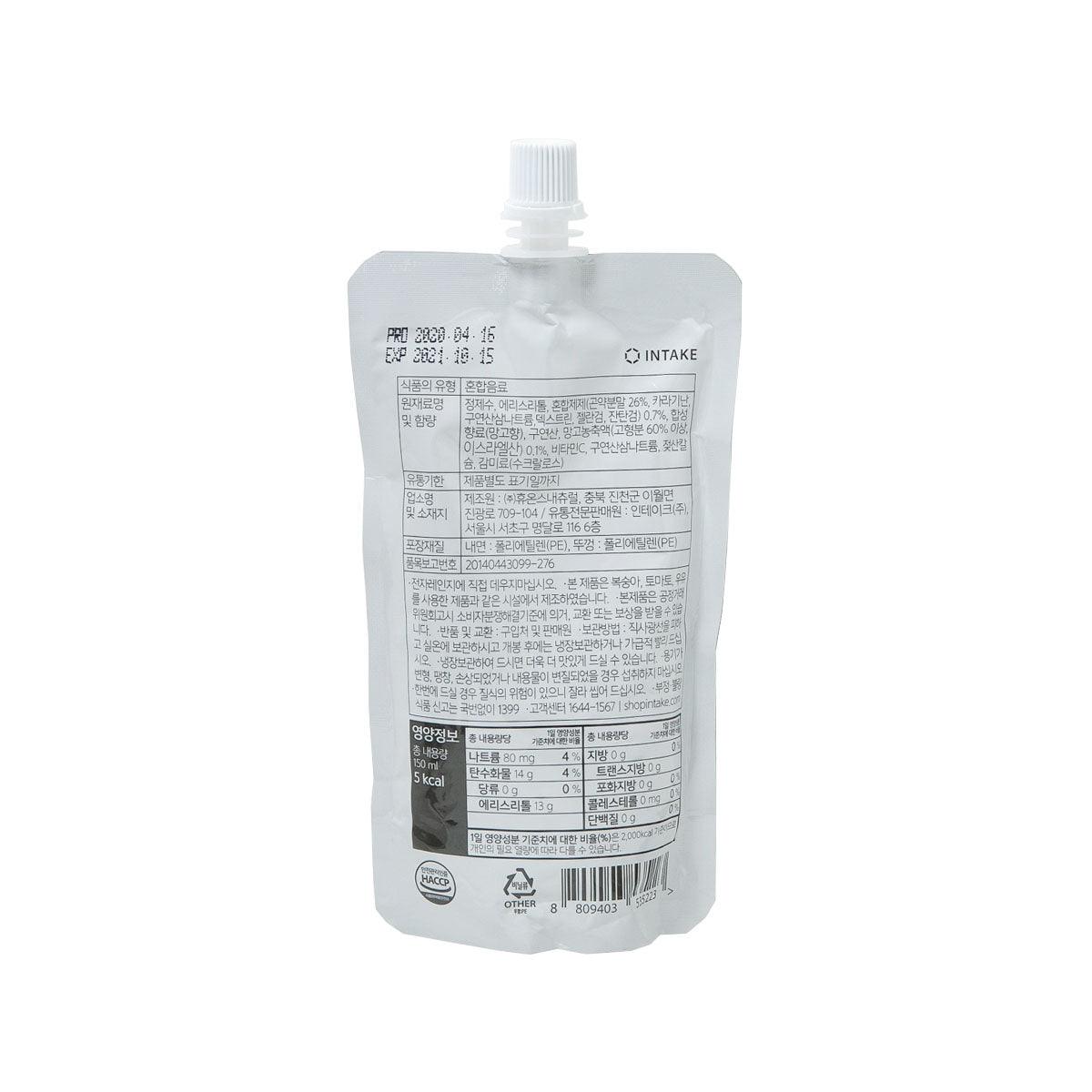 Back of mango konjac jelly drink pouch with nutrition and ingredients text, 150g