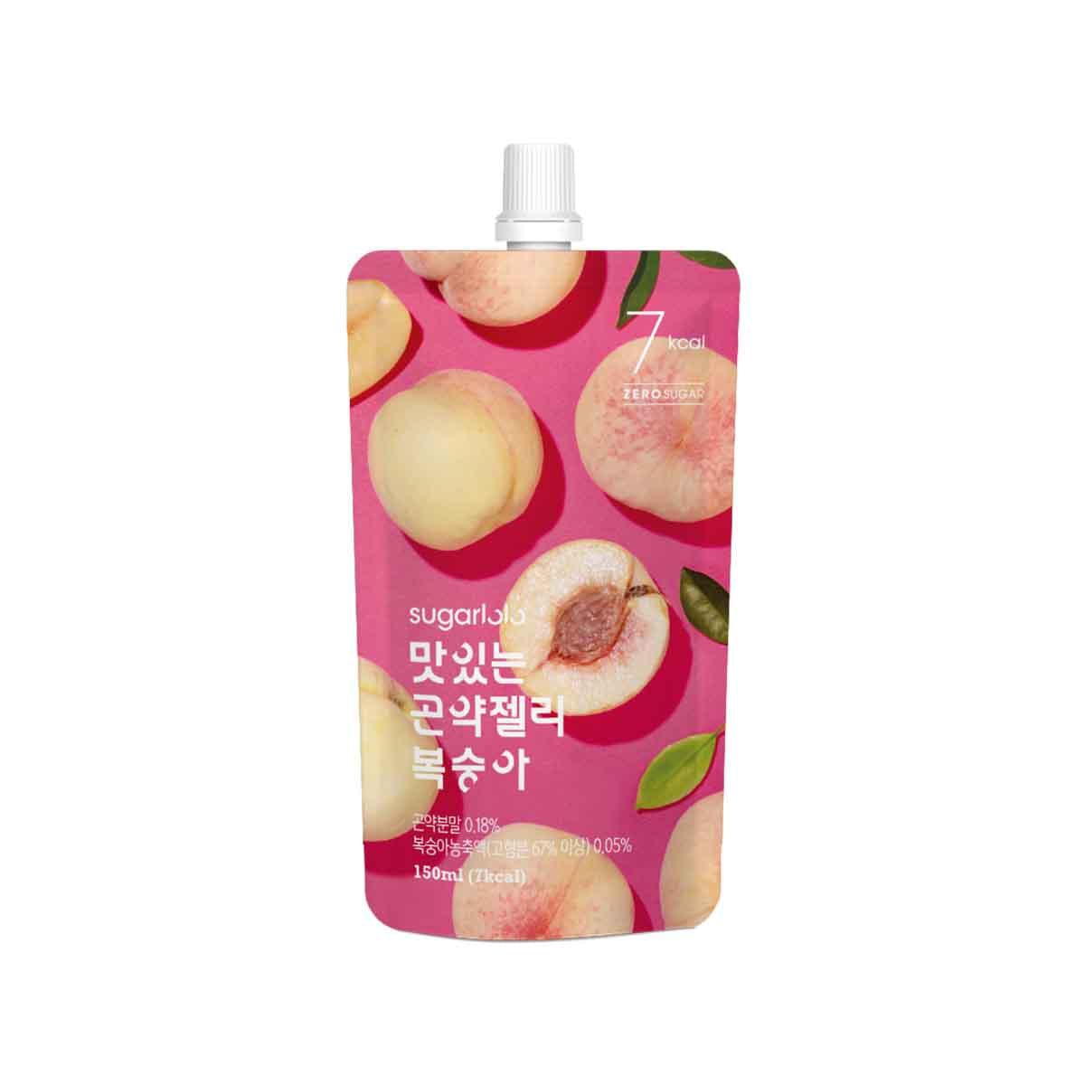Peach konjac jelly drink pouch with flip-top spout and fruit print, 150g