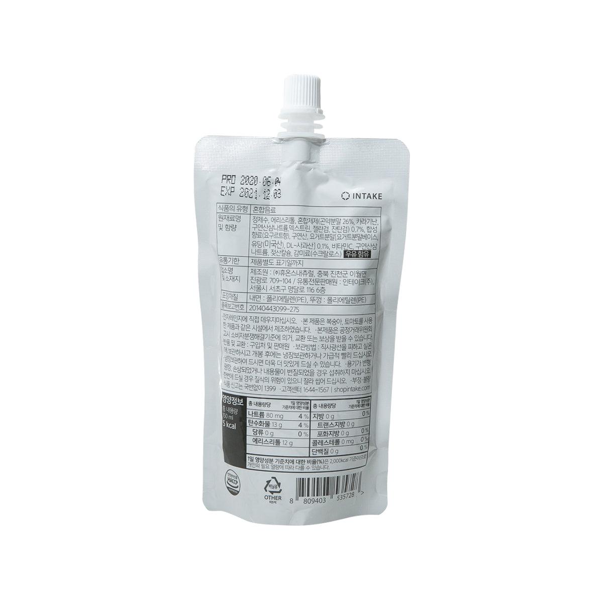 INTAKE konjac jelly drink pouch, back label with nutrition table and barcode