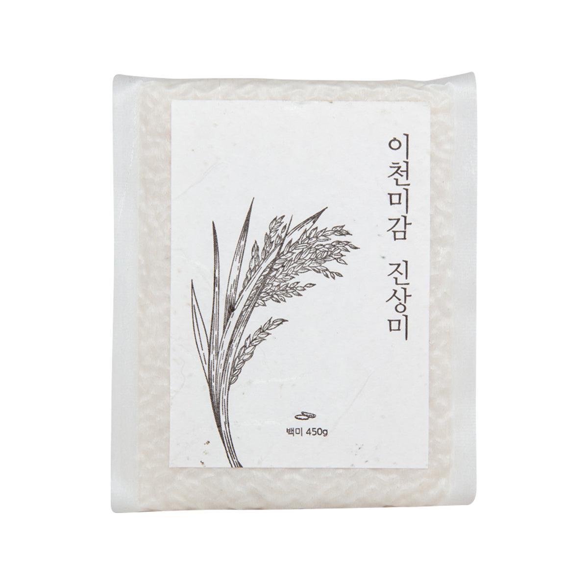 White rice bag with front label and wheat illustration, 450g