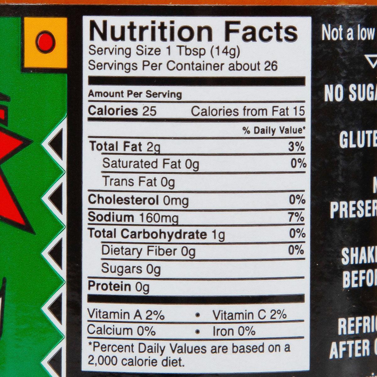 Nutrition Facts panel for mild buffalo wing sauce: calories 25 per serving