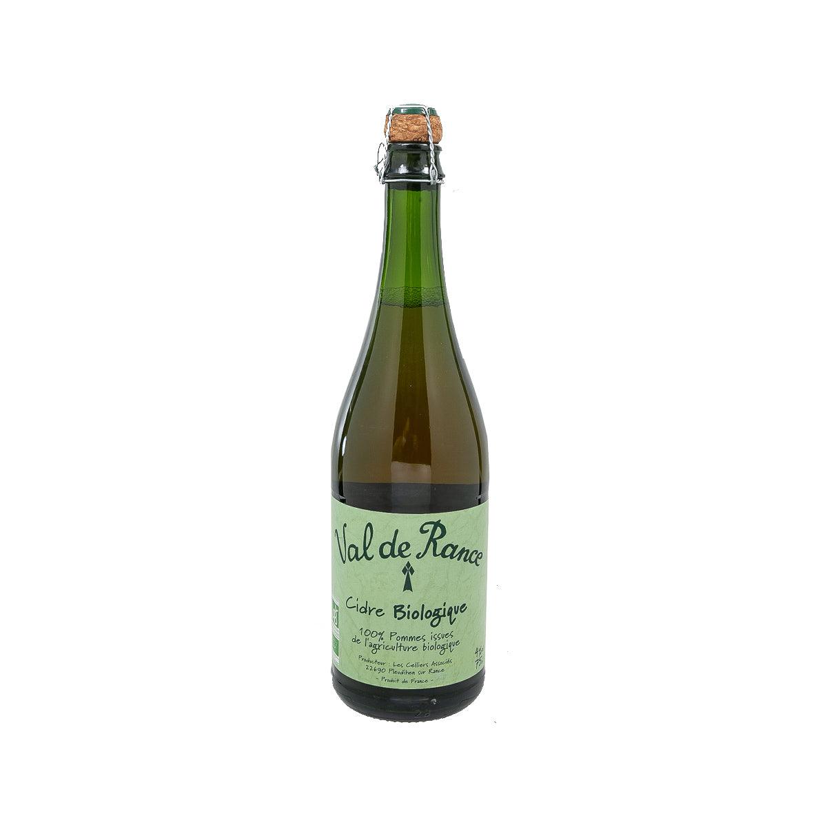 Organic apple cider bottle with green glass and corked metal cap