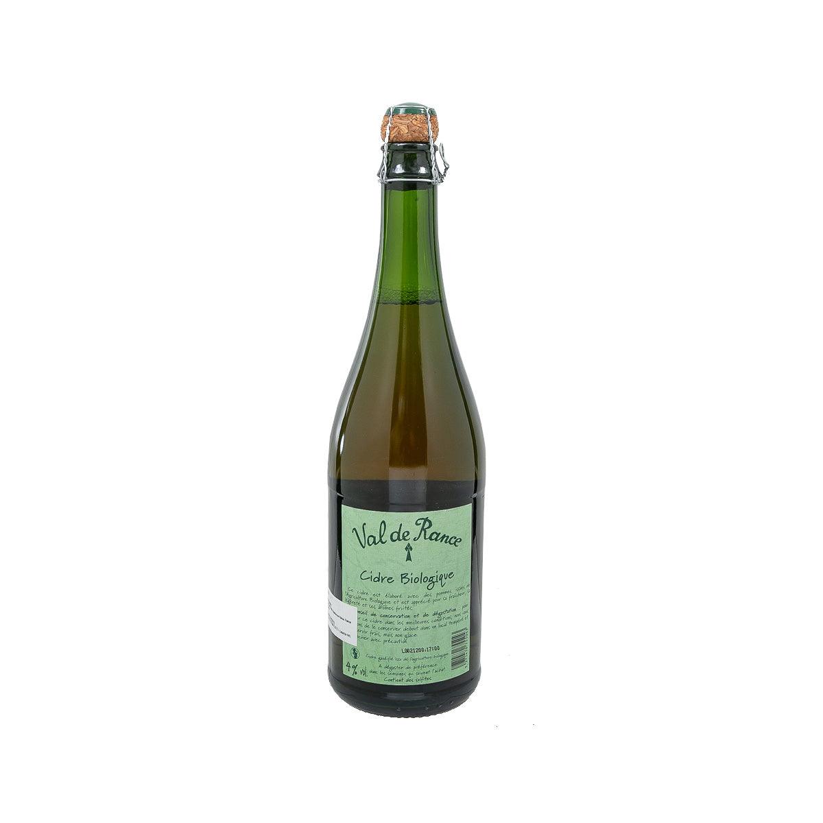 Organic apple cider bottle, green glass with front label