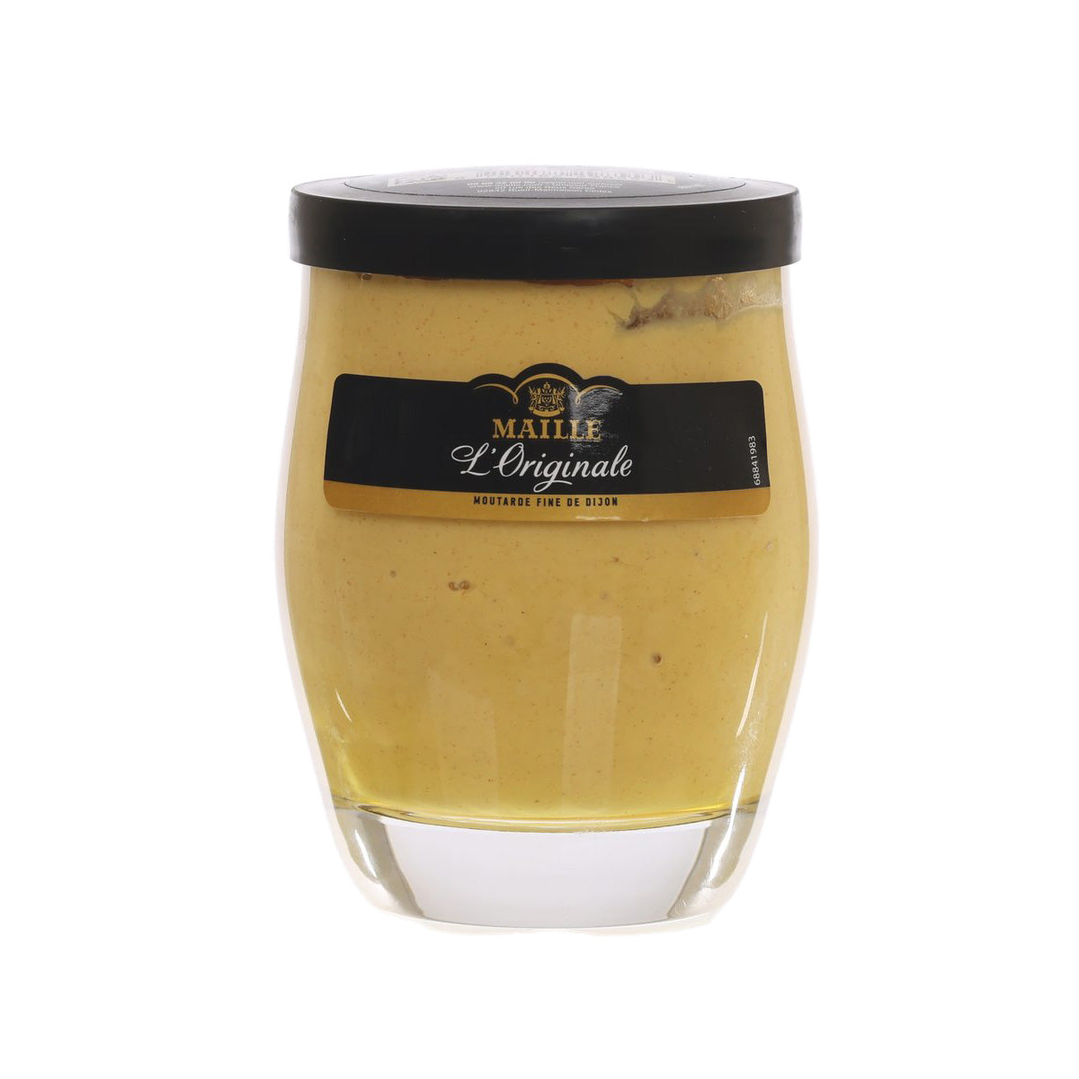 MAILLE Dijon mustard in glass jar with black lid, pale yellow spread