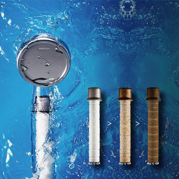 Shower head face and filter cartridges in chrome and three colors with water spray