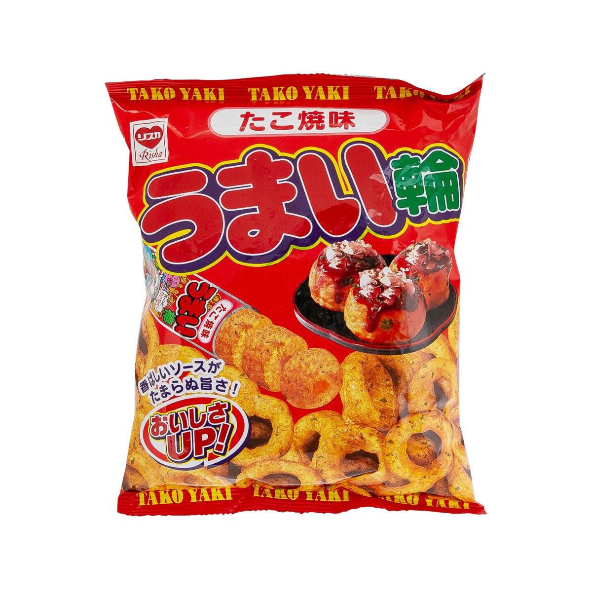 RISKA takoyaki-flavor corn snack bag, red front with takoyaki graphics and chips