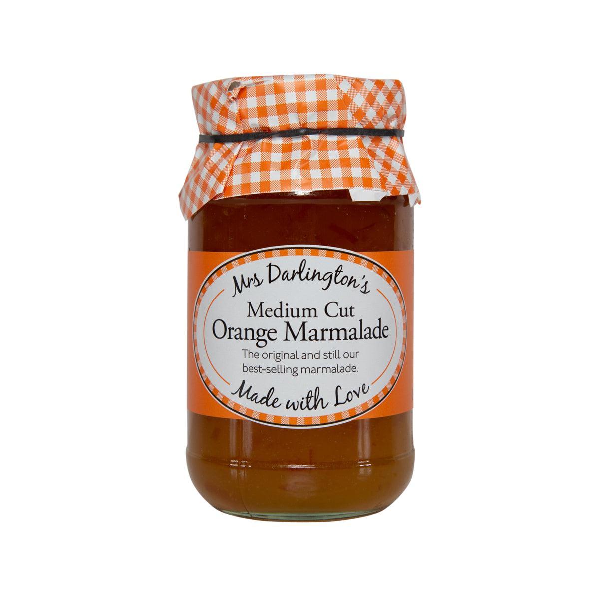 Orange marmalade jar with medium cut fruit, sealed with gingham bow