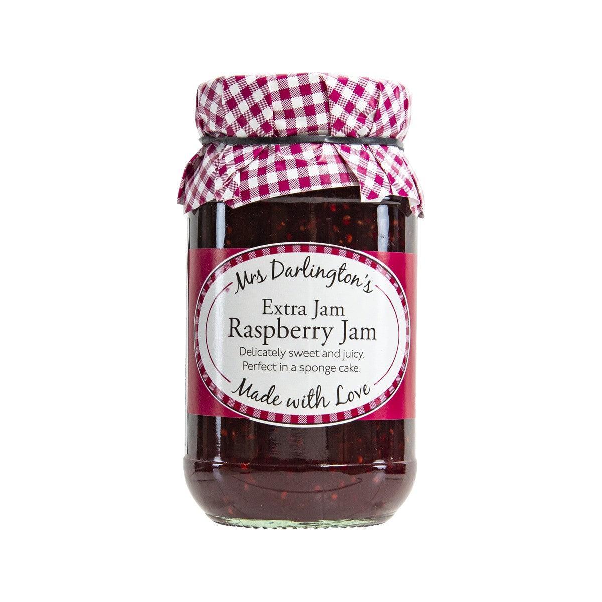 Raspberry extra jam jar with burgundy gingham lid, 340g