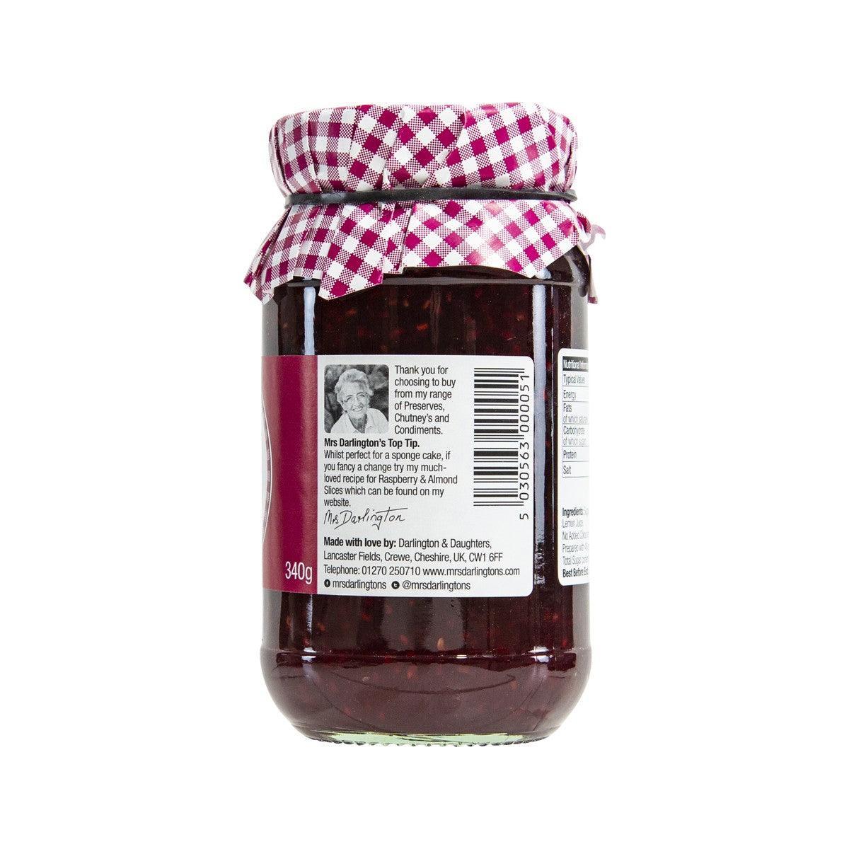 Raspberry extra jam jar with gingham lid, back label view