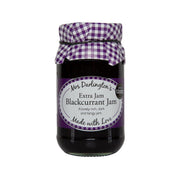 Blackcurrant extra jam jar with dark purple filling and purple check bow label