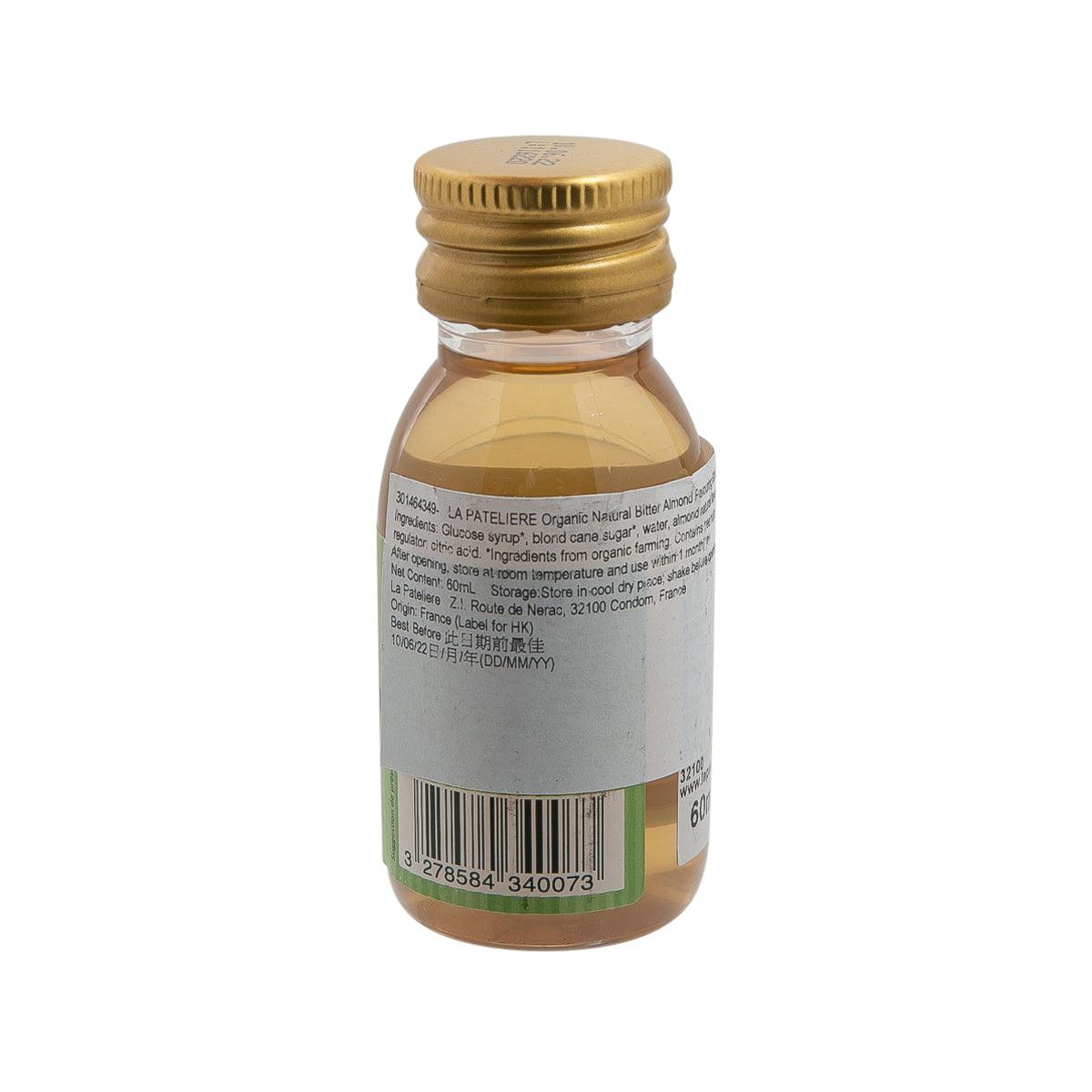LA PATELIERE organic bitter almond flavouring bottle back label, 60 mL, gold cap