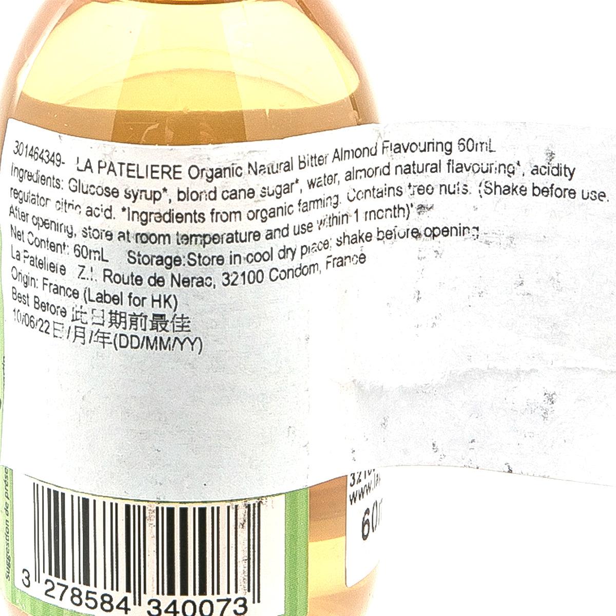LA PATELIERE bitter almond flavouring close-up label with barcode, 60 mL