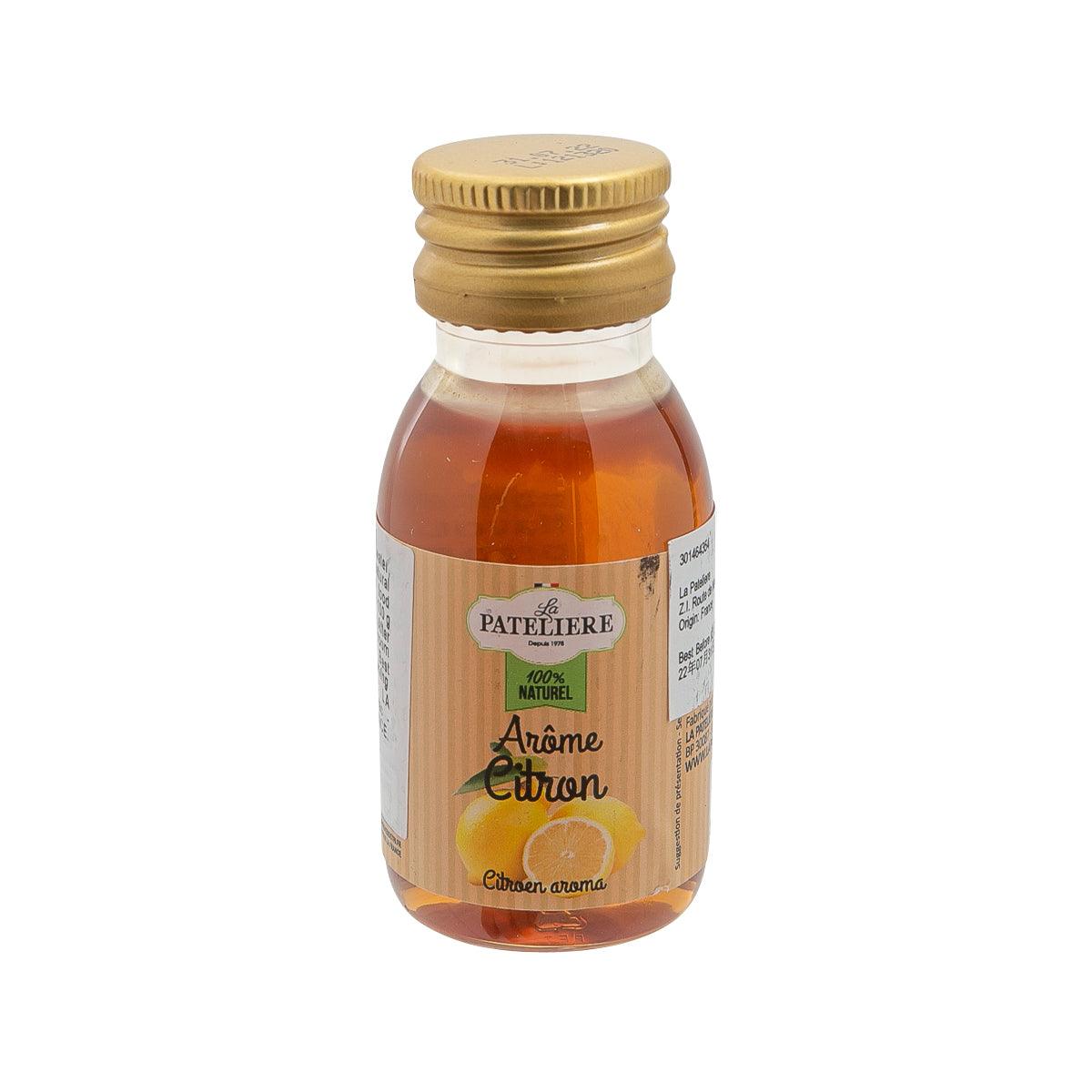 LA PATELIERE natural lemon extract bottle with gold cap, amber liquid, 60 mL