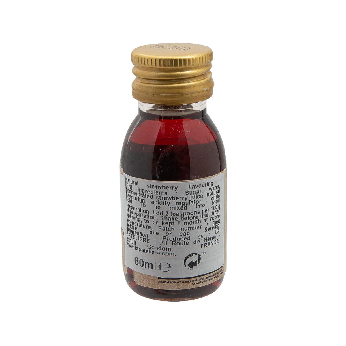 LA PATELIERE strawberry extract bottle, back nutrition text on label, gold cap
