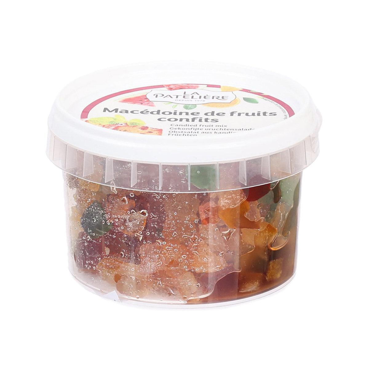 Candied fruit mix jar with assorted fruit pieces under clear lid