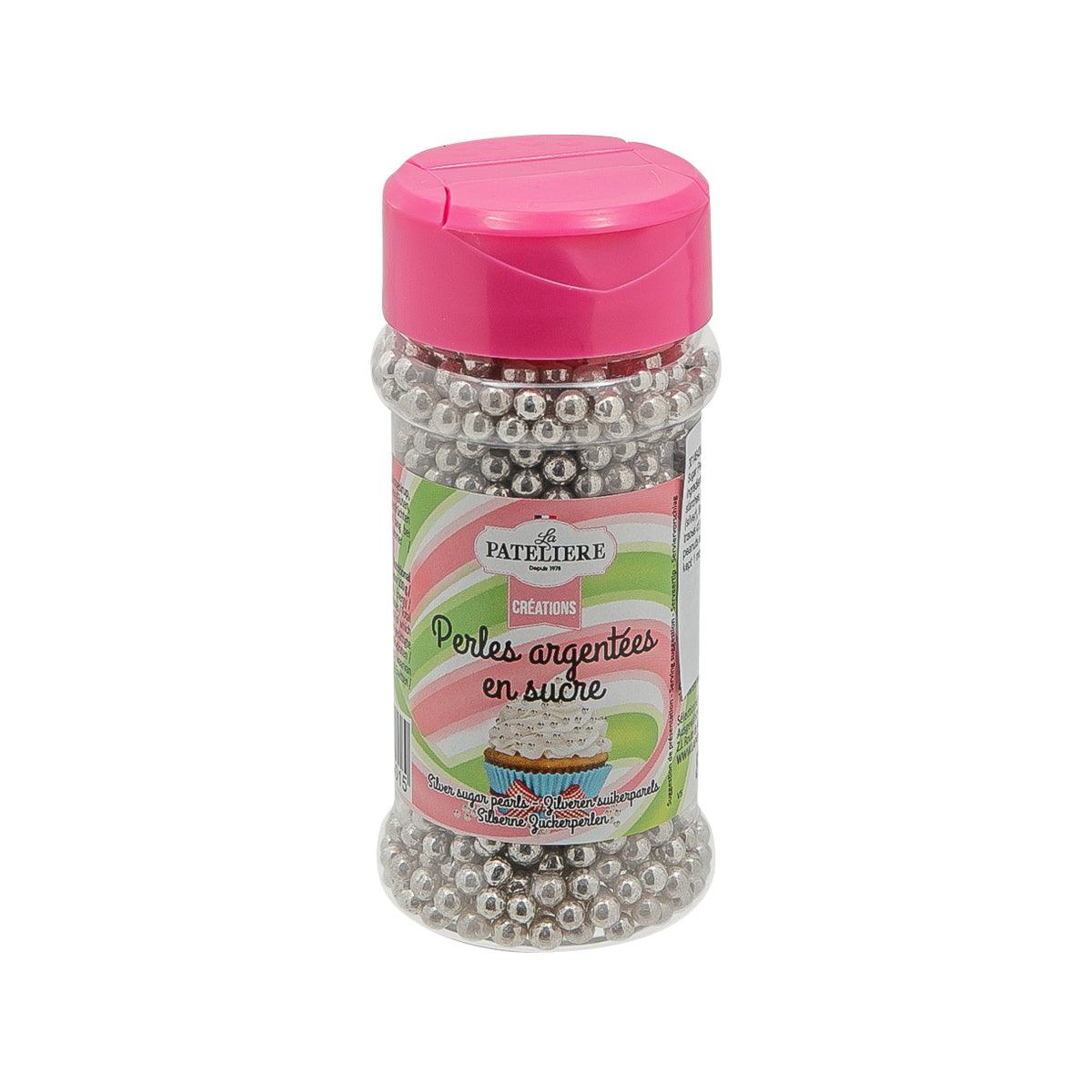 LA PATELIERE silver sugar pearls jar with pink lid