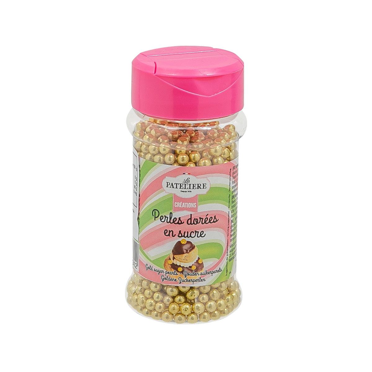 Golden sugar pearls in clear jar with pink lid, 70 g
